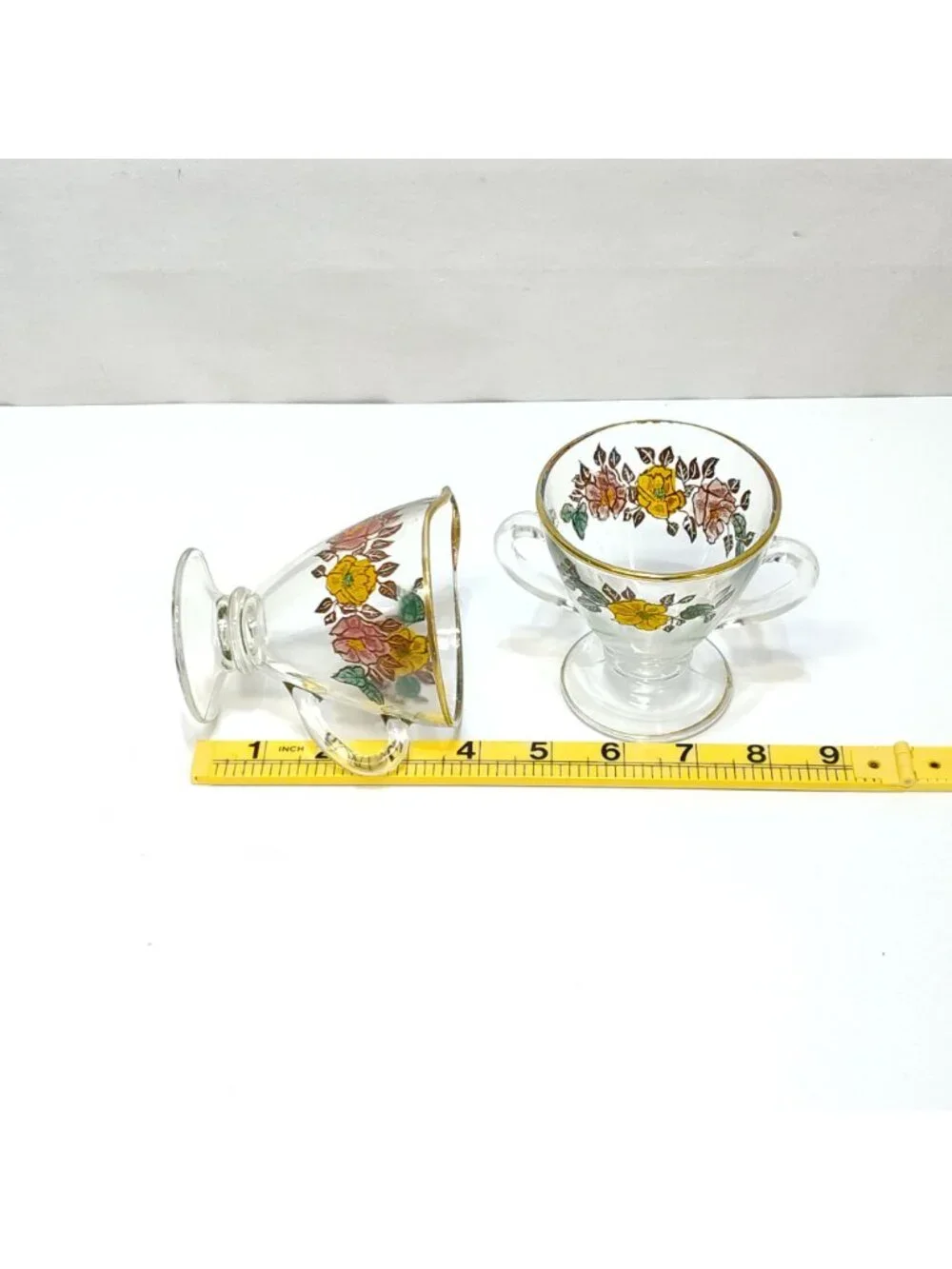 Vintage Glass Creamer & Sugar Set Floral Design Gold Rim Accents Artist Unknown